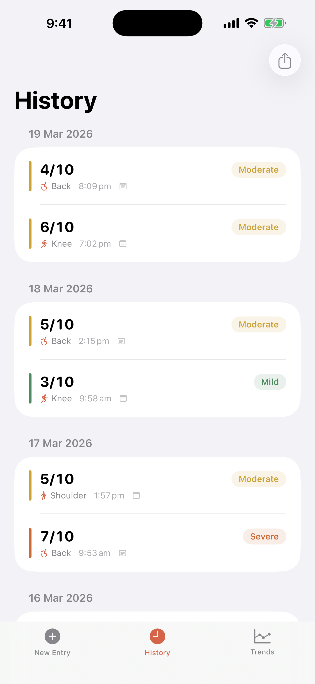 Pain history grouped by day with colour coding