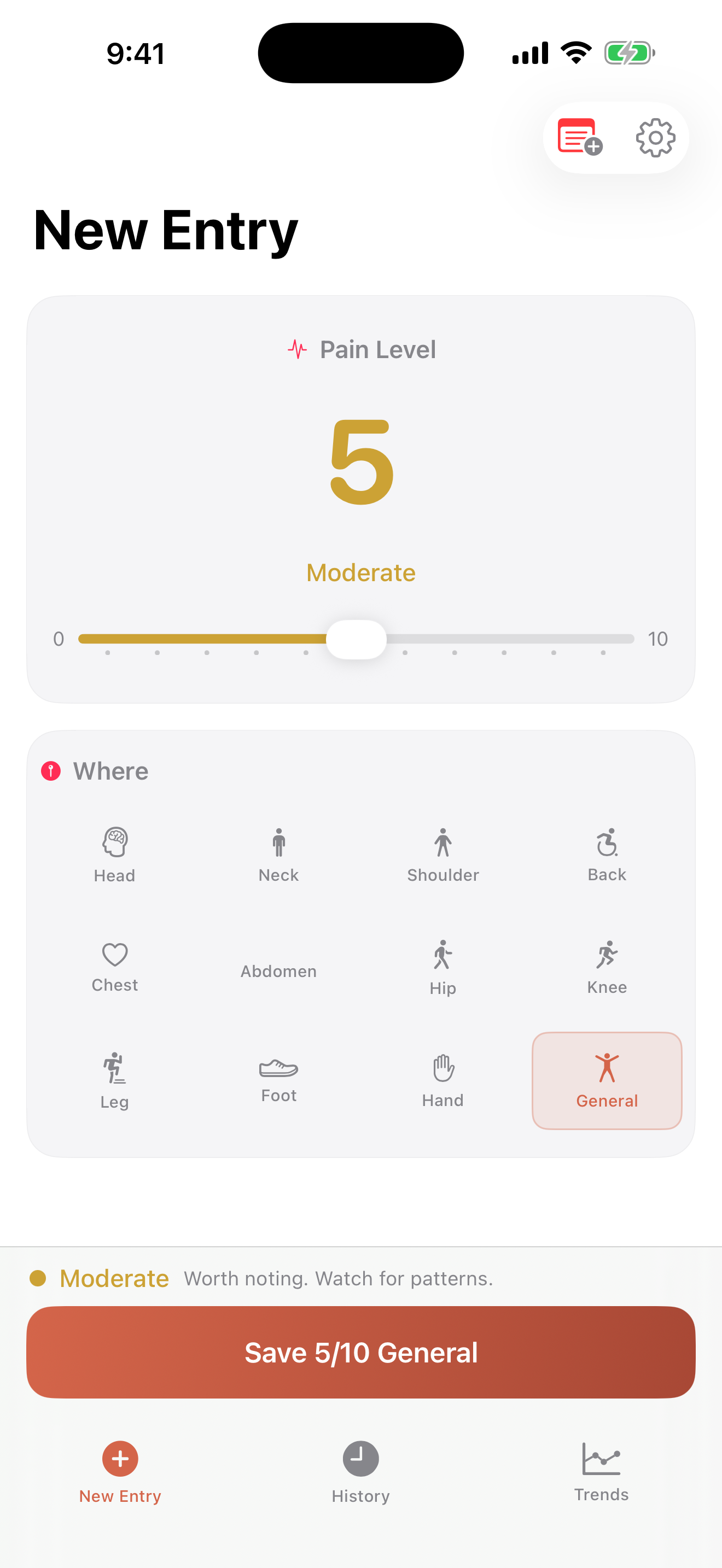 Log pain level with a simple slider